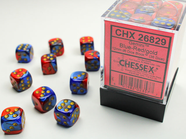 CHESSEX -Gemini Blue-Red/gold 12mm d6 Dice Block (36 dice