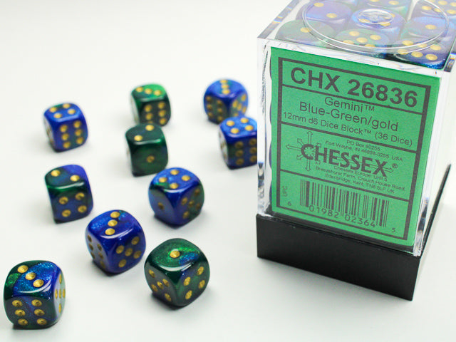 CHESSEX -Gemini Blue-Green/gold 12mm d6 Dice Block (36 dice)