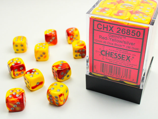 CHESSEX -Gemini Red-Yellow/silver 12mm d6 Dice Block (36 dice)