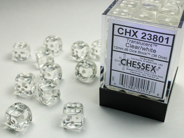 CHESSEX -Translucent Clear/white 12mm d6 Dice Block (36 dice)