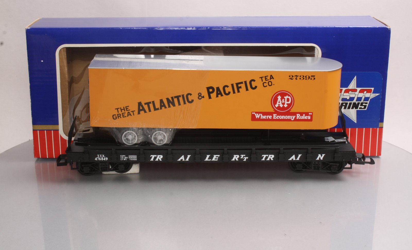 USA Trains 1760 G Atlantic & Pacific Flat Car with Piggyback Trailer