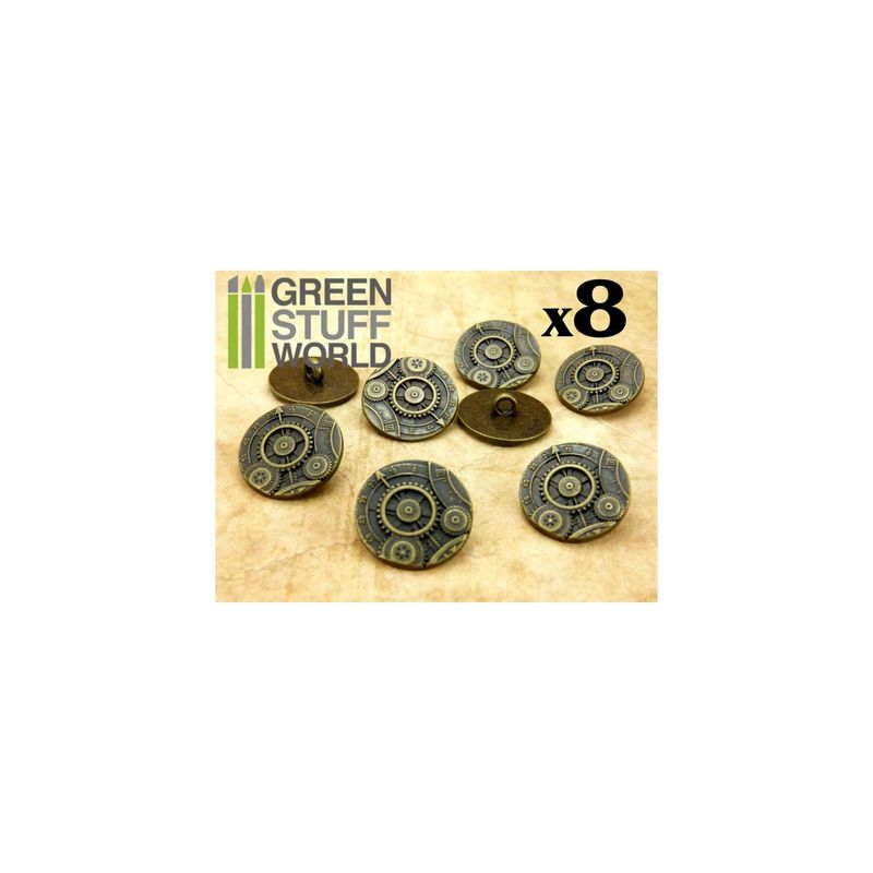 Green Stuff World 8x Steampunk Buttons GEARS MECHANISM - Bronze