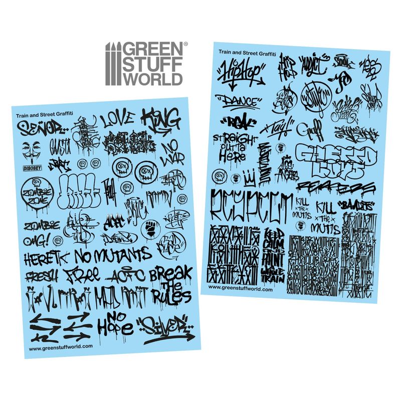 Green Stuff World Waterslide Decals - Train and Graffiti Mix - Black