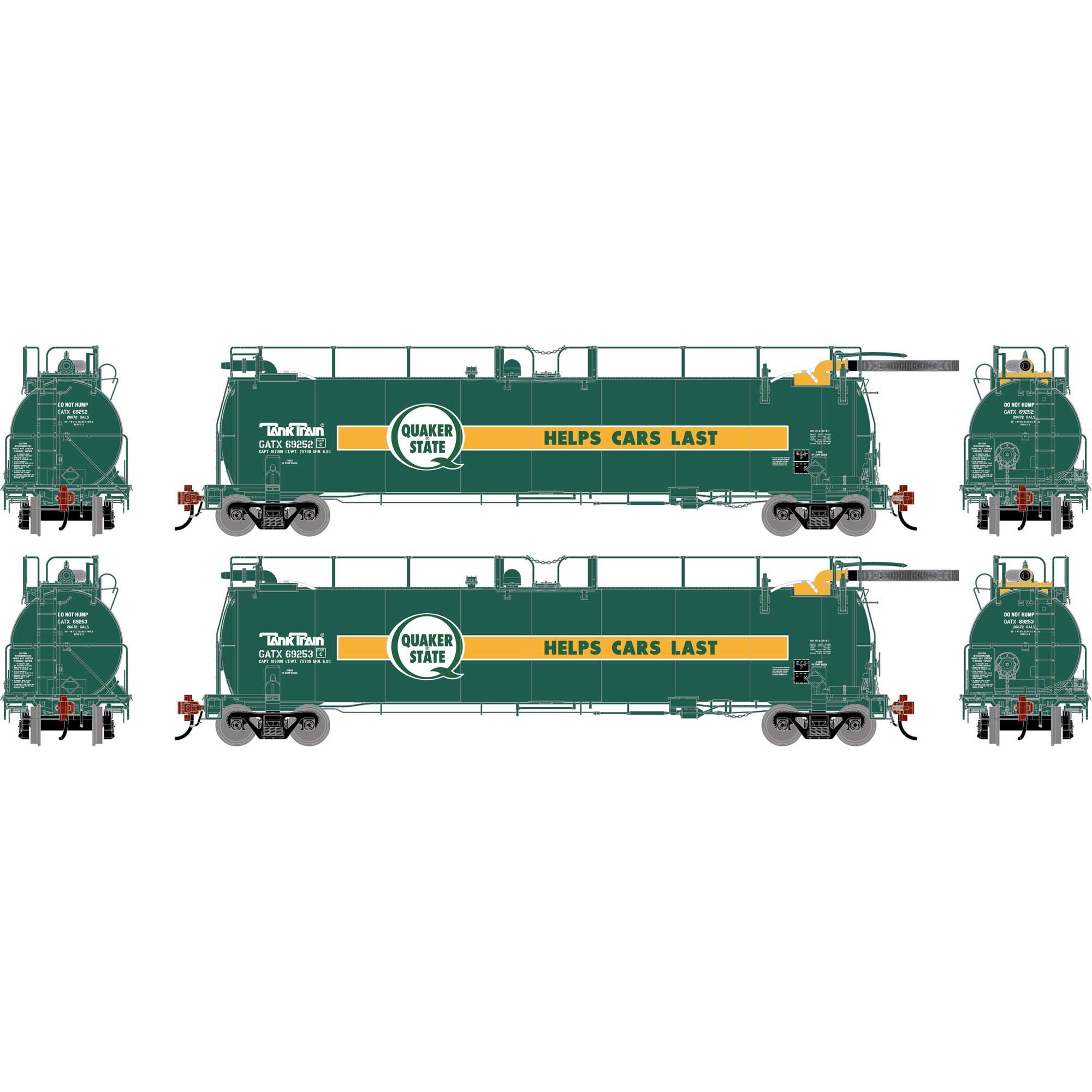 HO TankTrain Intermediate GATX Quaker State Model #69252/69253 (2 Cars) (ATHG-1334)