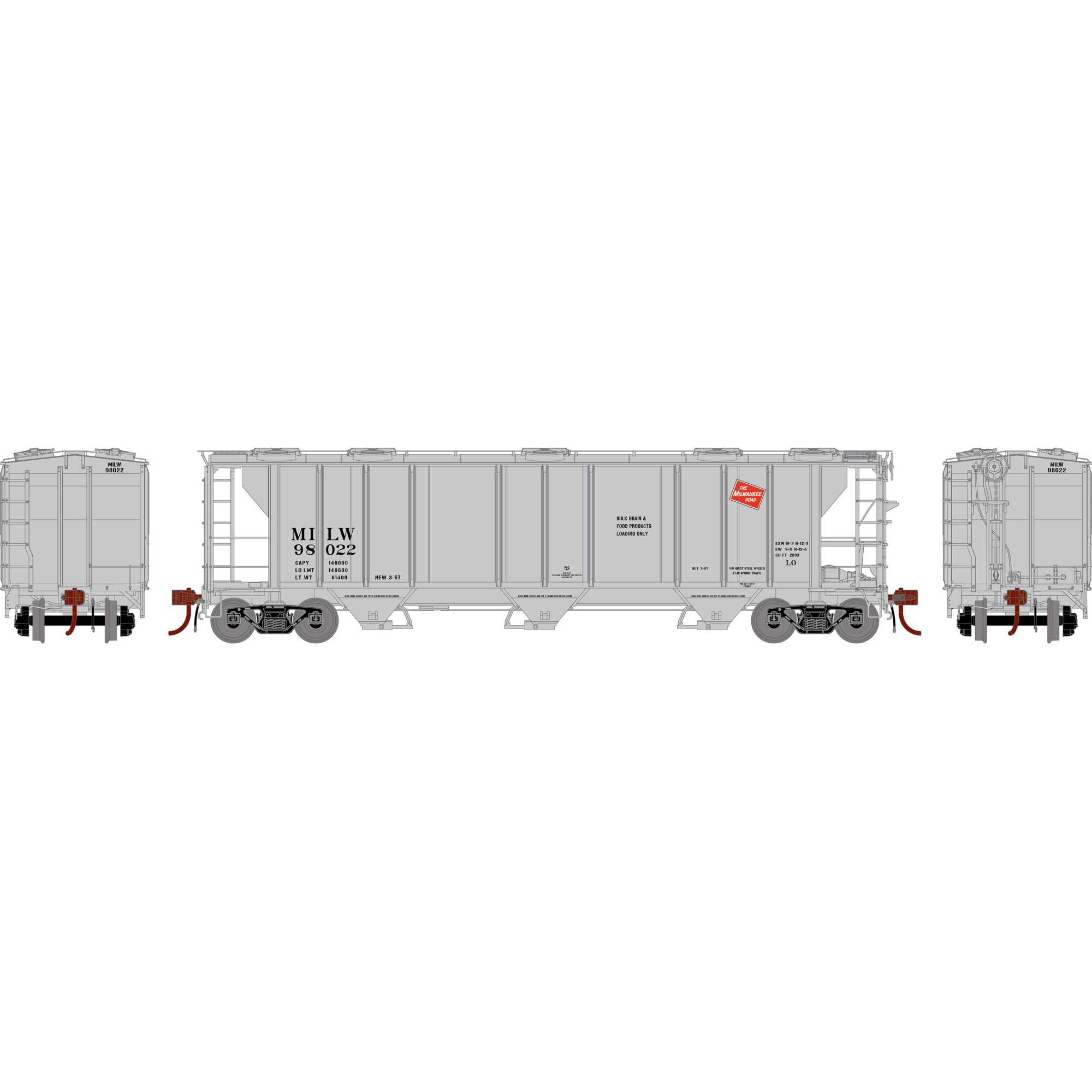 HO PS-2 2893 3-Bay Covered Hopper Milwaukee Road #98022 (ATHG73622)