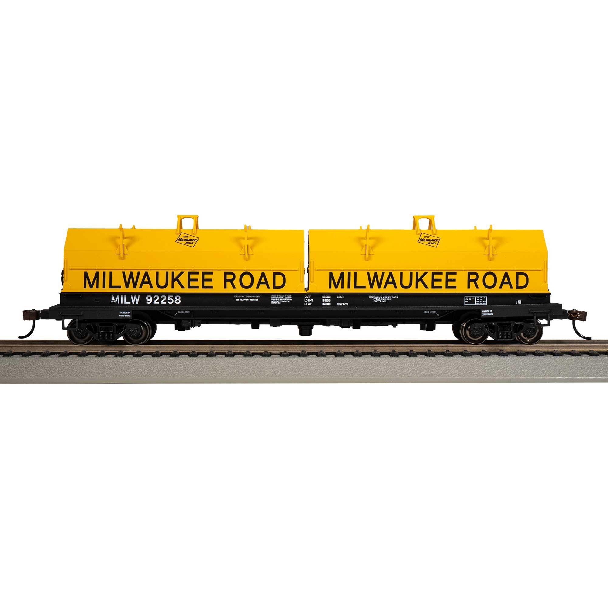 HO SCALE 55' STEEL COIL CAR with COIL LOAD MILWAUKEE ROAD 92258 with ANGLED HOOD