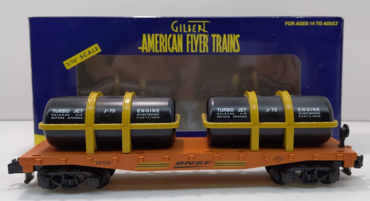 American Flyer 6-48560 S BNSF Flatcar w/Turbo Engine Load #1009