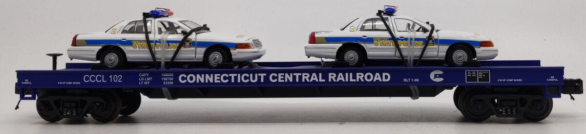 MTH 20-98519 O Gauge Connecticut Central Flat Car with 2 Ford Police Cars