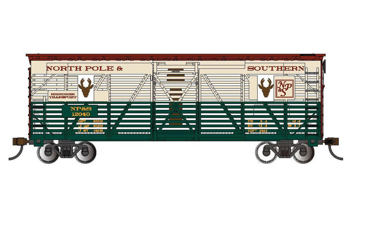 Bachmann 19709 HO Scale 40' Animated Stock Car North Pole Southern NP&S 12040 with Christmas Reindeer