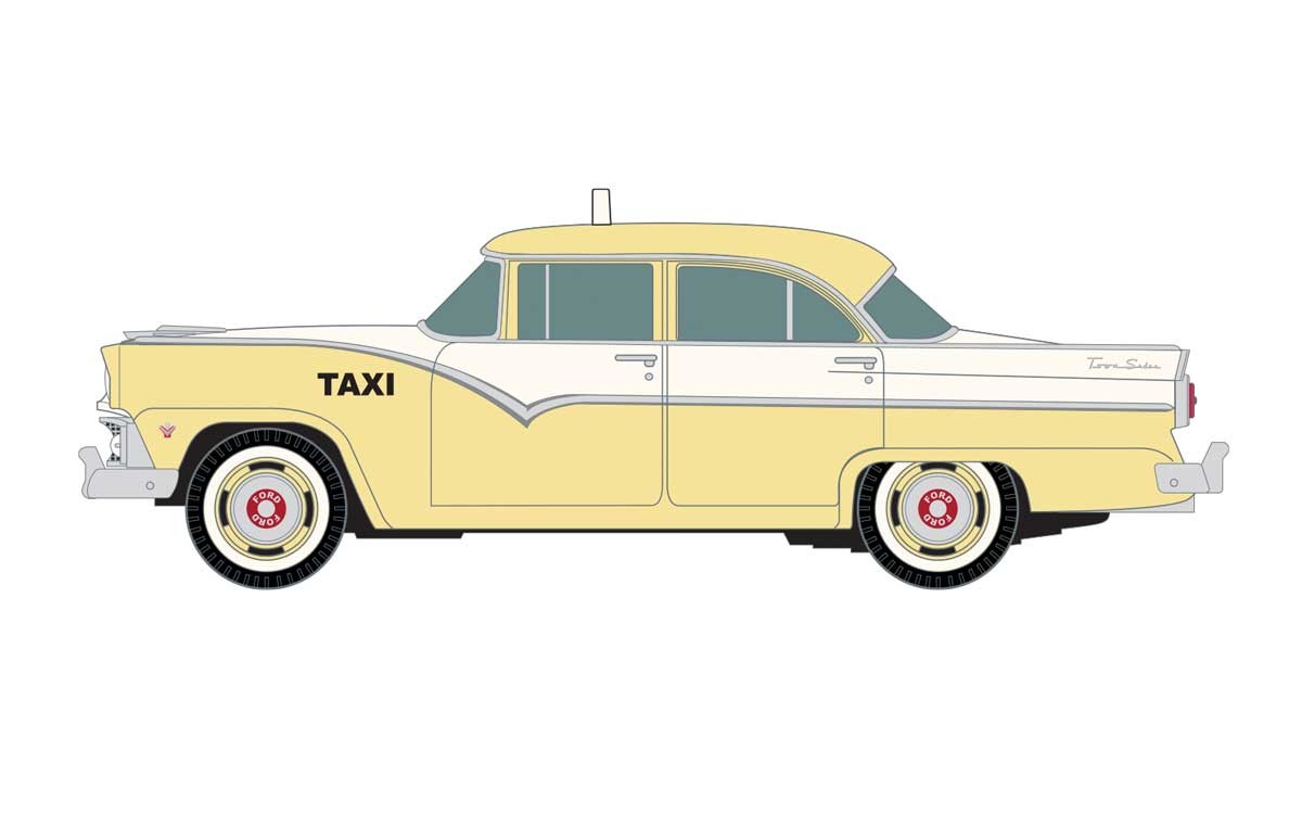 Classic Metal Works 30600 HO Scale 55' 4 Door Ford Sedan White and Yellow Taxi