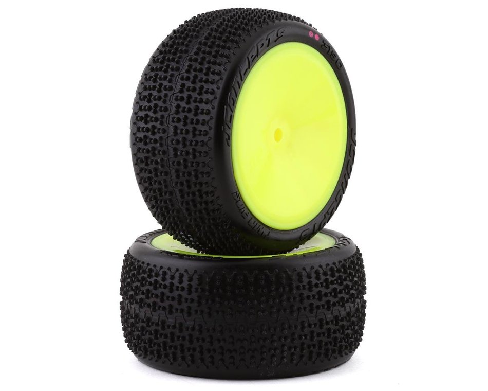 J Concepts 3190-201021 Twin Pins 1/10 Buggy Rear Tires with Pink Compound Mounted on Yellow Wheels
