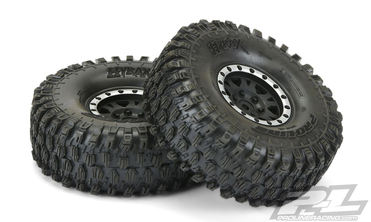 Pro-Line 10128-13 Hyrax 1.9 G8 Tires Mounted on Black and Silver Beadlock Wheels