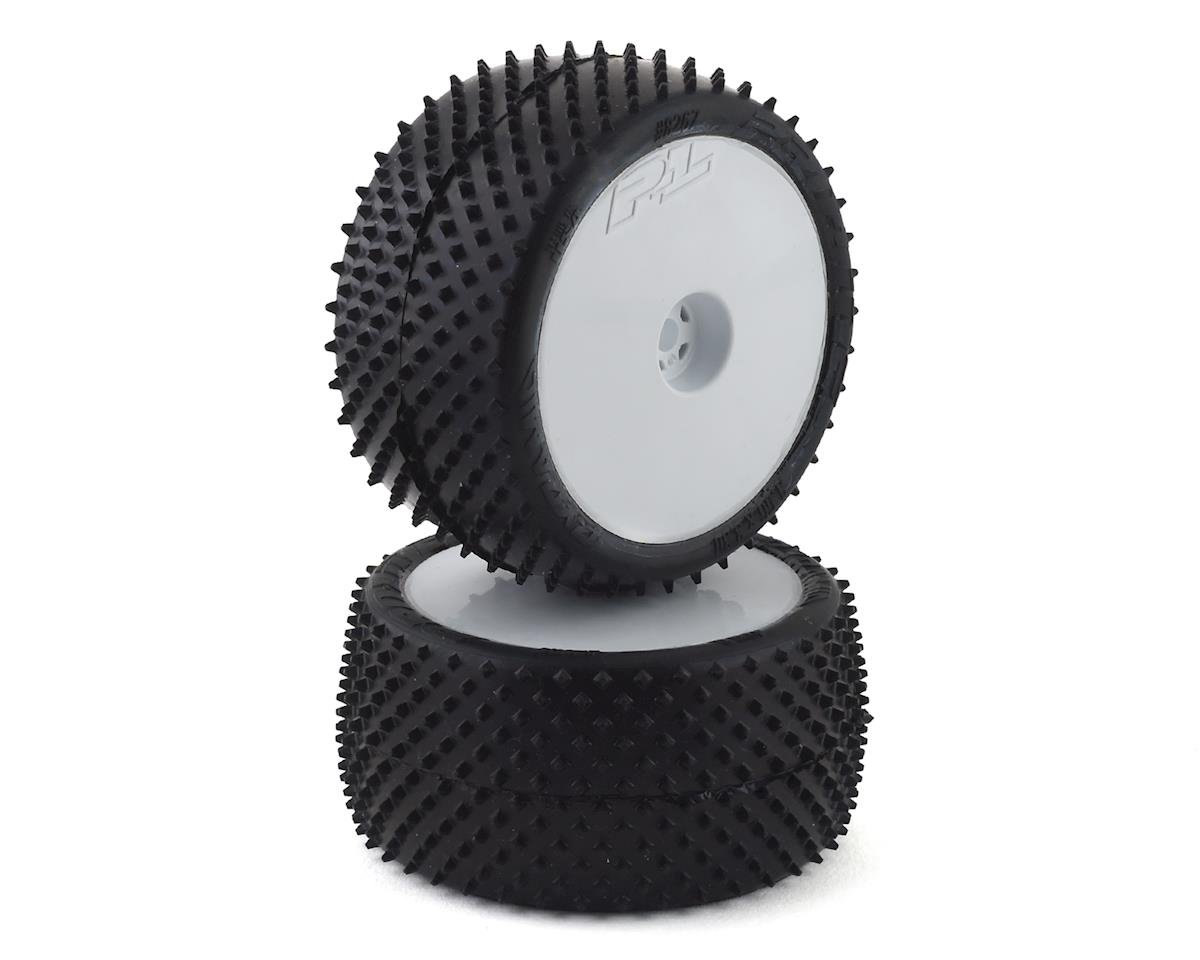 Pro-Line 8267-14 Pyramid 2.2' Z4 (Soft) Rear Off-Road Carpet Buggy Tires Mounted on White Wheels