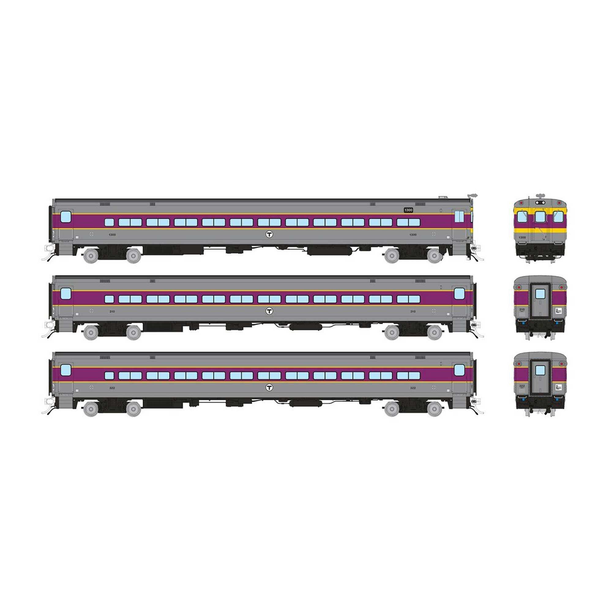 HO Comet Car Set MBTA As Delivered (Cab 1300 Coaches 310, 322) (RPI128542)