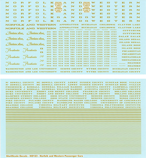 ShellScale Decals HO123 HO Scale Norfolk and Western Passenger Cars
