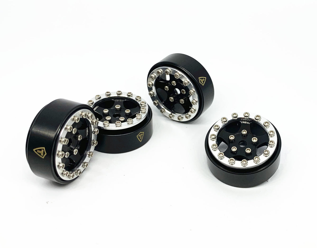 Treal Hobby (X002R9POPT) Black 1.0" Beadlock Wheels with Silver Rings (22g Brass) for SCX24
