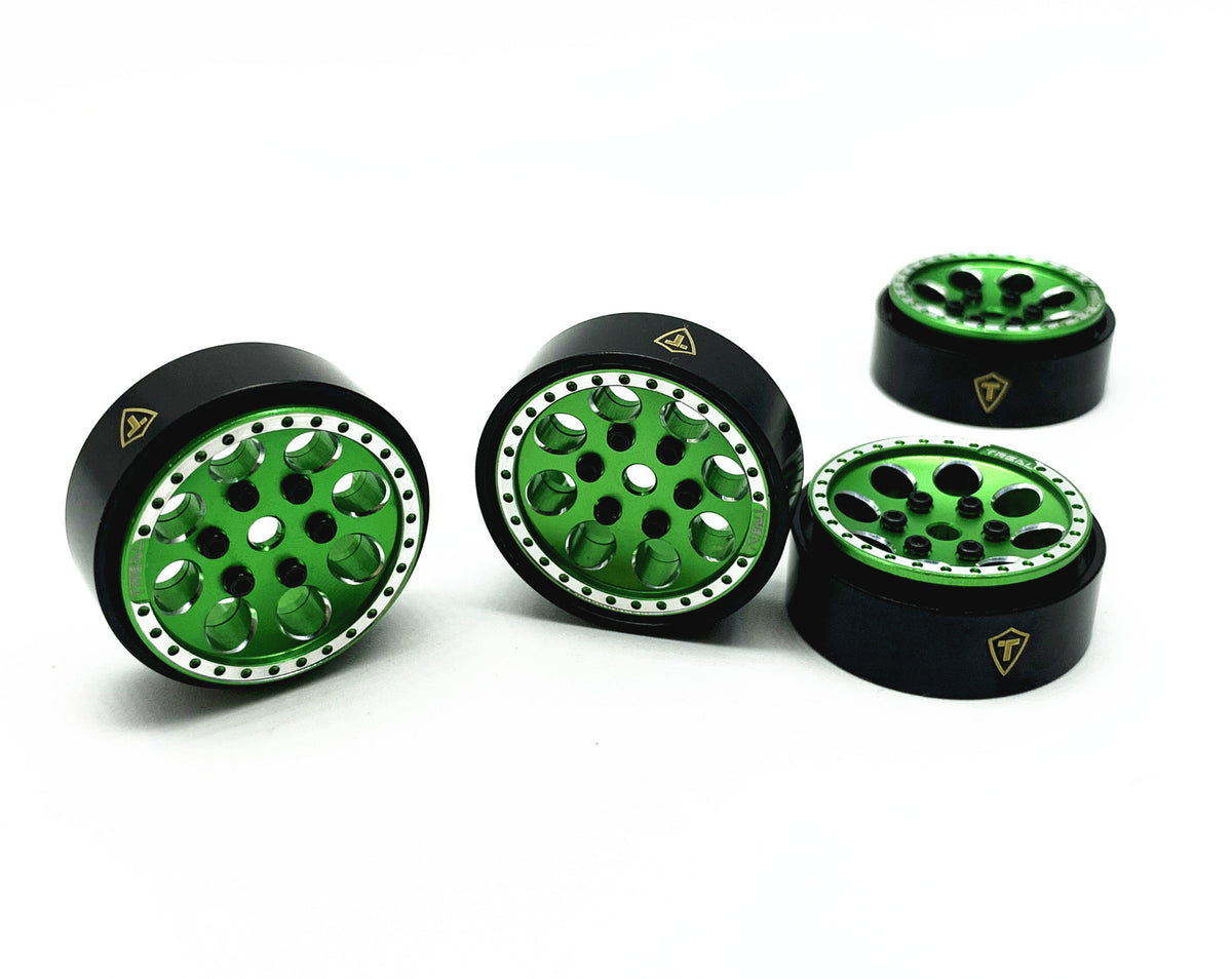 Treal Hobby (X002T7DTWT) Silver 1.0" Beadlock Wheels Green Rings (22g) SCX24 and 1/24 Crawlers