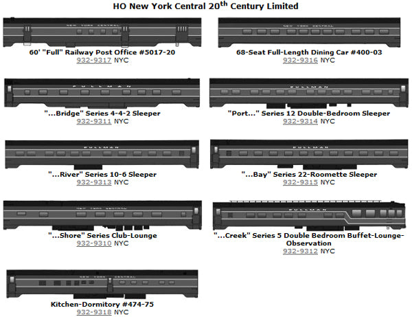 Walthers HO Scale New York Central 1948 20th Century Limited 9 Car Set